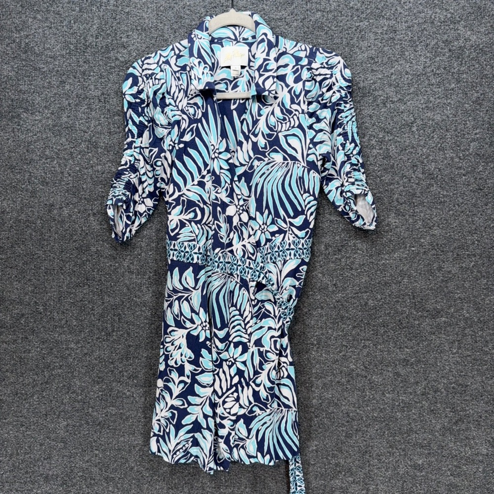 Lilly Pulitzer Wrap Dress Women Small Blue Floral Tropical Ruched Sleeve Casual